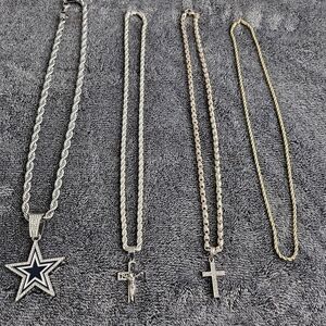 Stainless and Goldplated Chain Necklace Set with Star and Cross Pendants